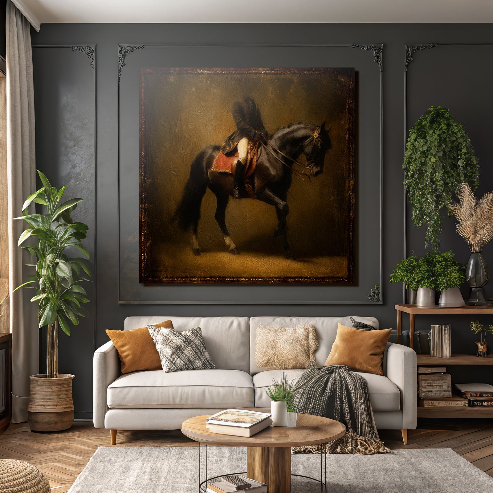 Rider on horse in motion art style with warm colors