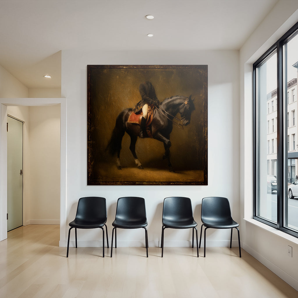 Rider on horse in motion art style with warm colors
