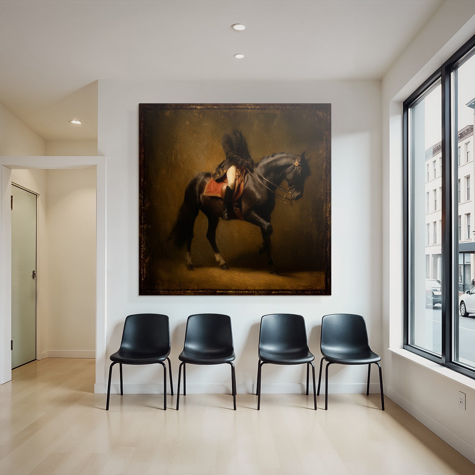 Rider on horse in motion art style with warm colors
