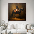 Rider on horse in motion art style with warm colors