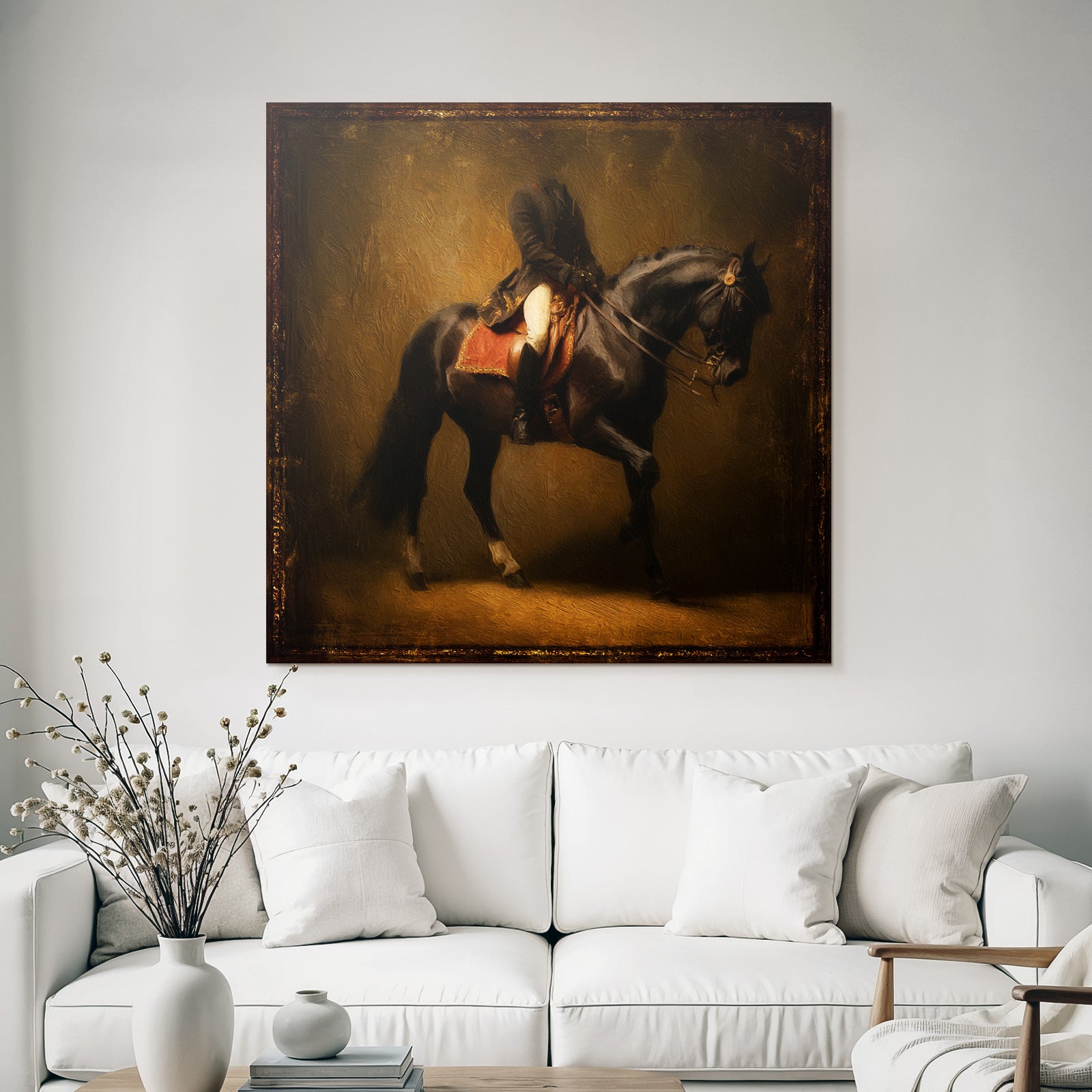 Rider on horse in motion art style with warm colors