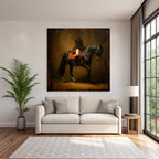 Rider on horse in motion art style with warm colors