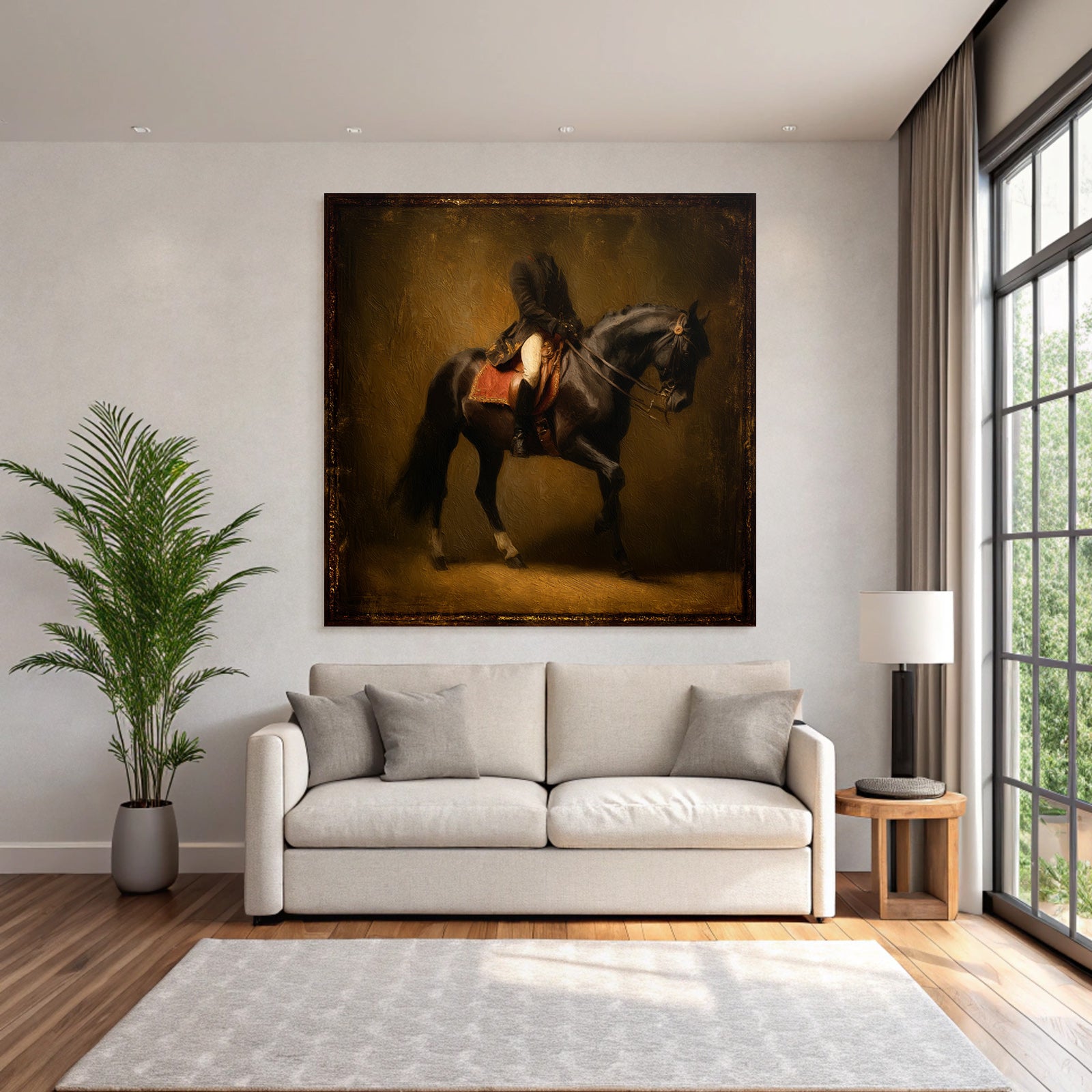 Rider on horse in motion art style with warm colors