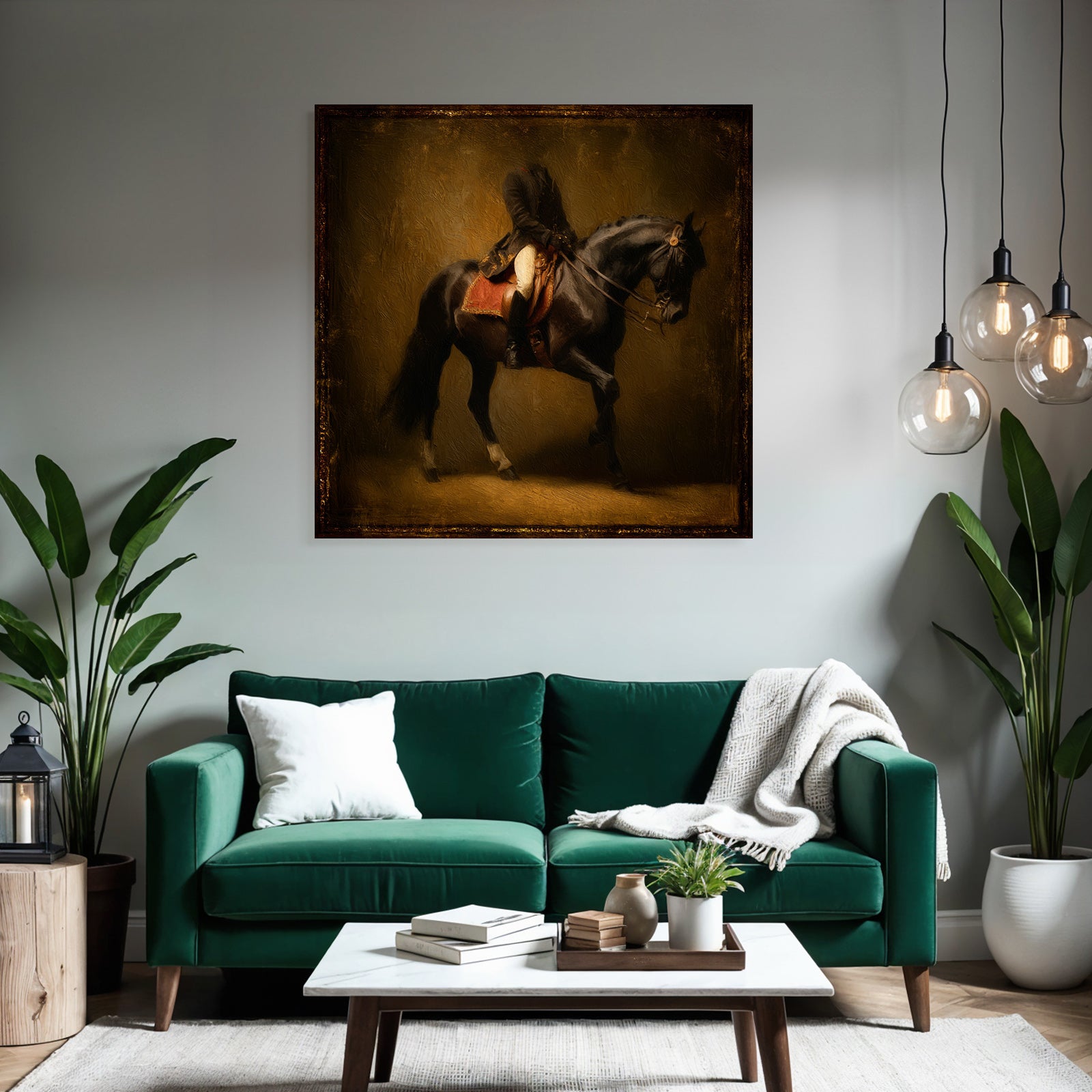 Rider on horse in motion art style with warm colors