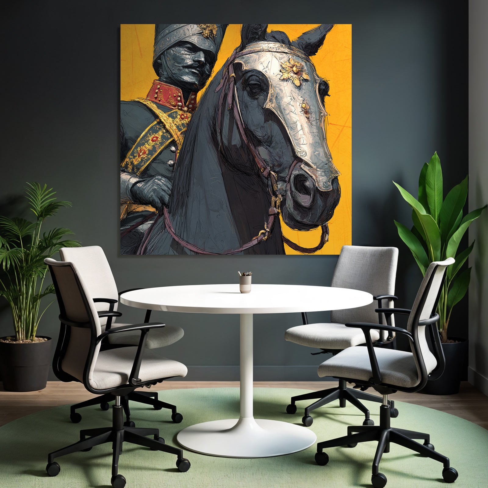 Reiter In Formeller Militaer Uniform Mit Pferd Hintergrund Gelb