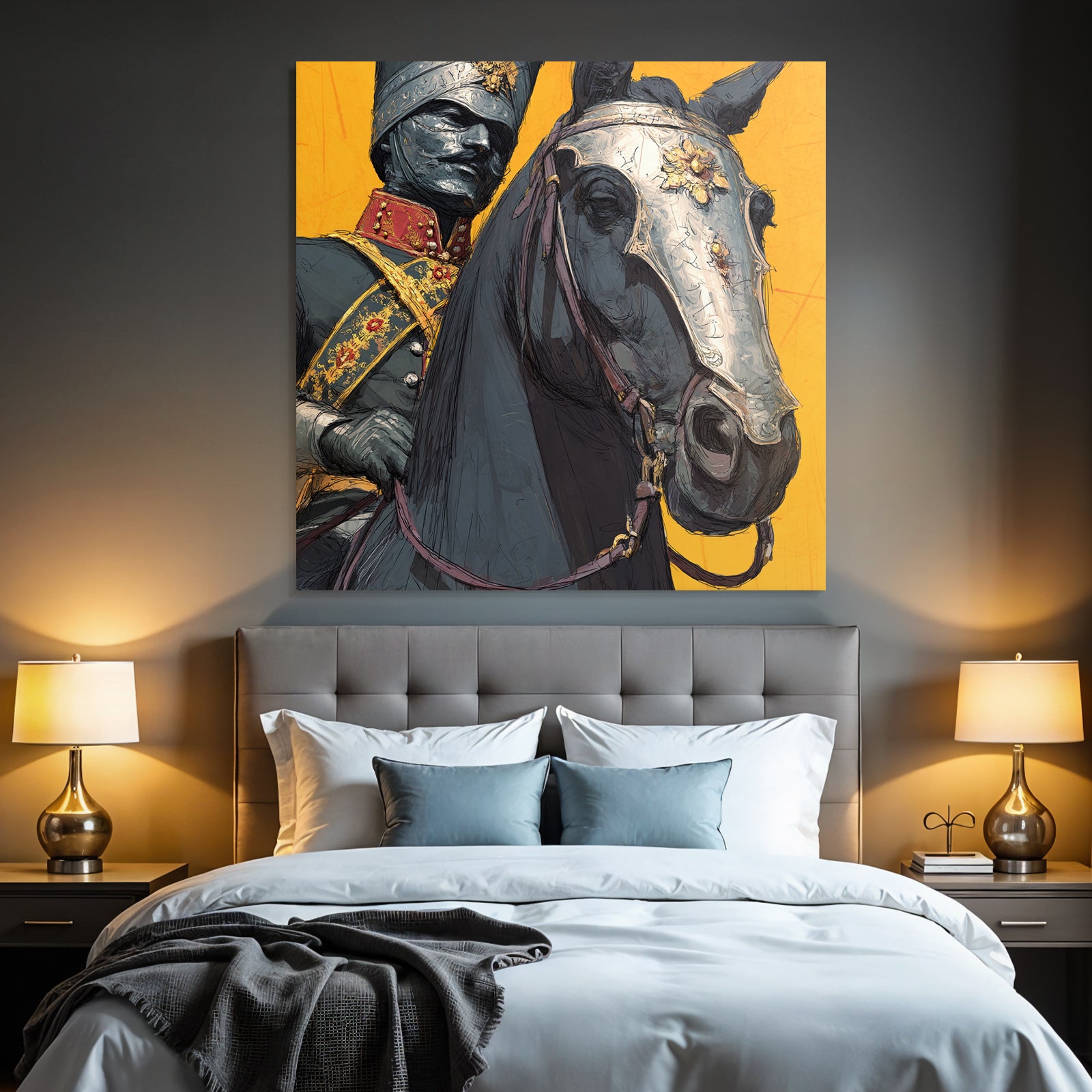Reiter In Formeller Militaer Uniform Mit Pferd Hintergrund Gelb