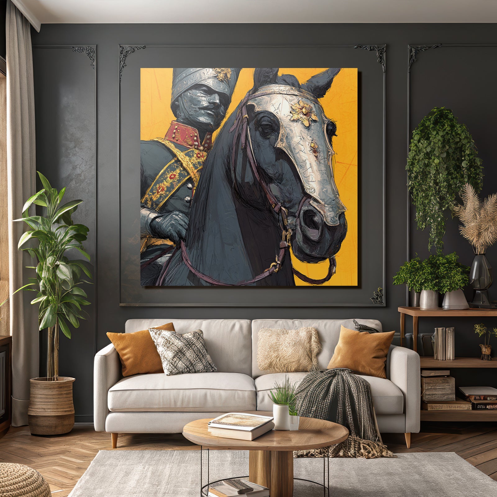 Reiter In Formeller Militaer Uniform Mit Pferd Hintergrund Gelb