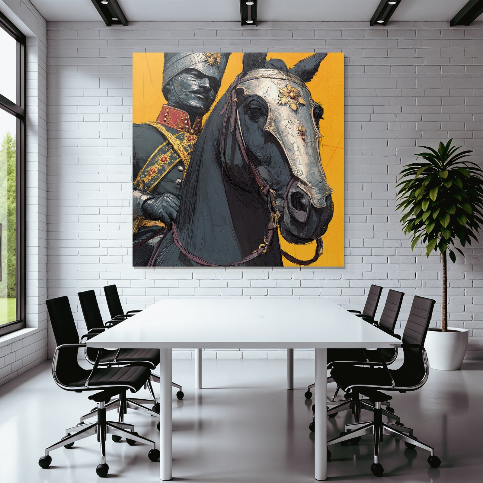 Reiter In Formeller Militaer Uniform Mit Pferd Hintergrund Gelb