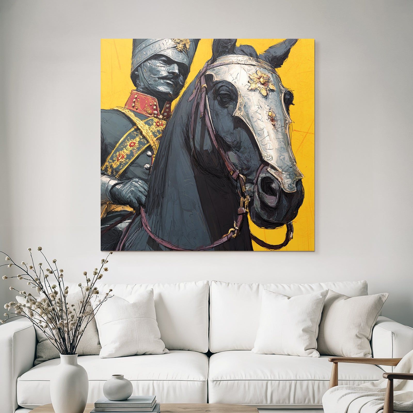 Reiter In Formeller Militaer Uniform Mit Pferd Hintergrund Gelb