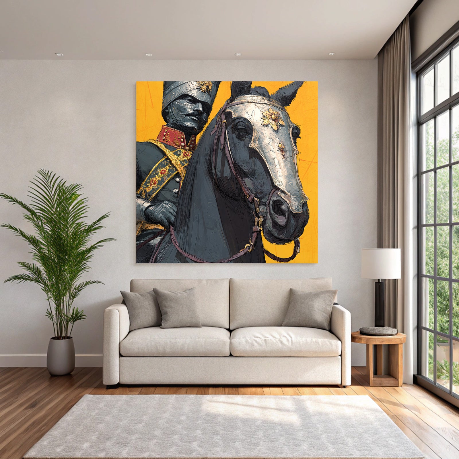 Reiter In Formeller Militaer Uniform Mit Pferd Hintergrund Gelb