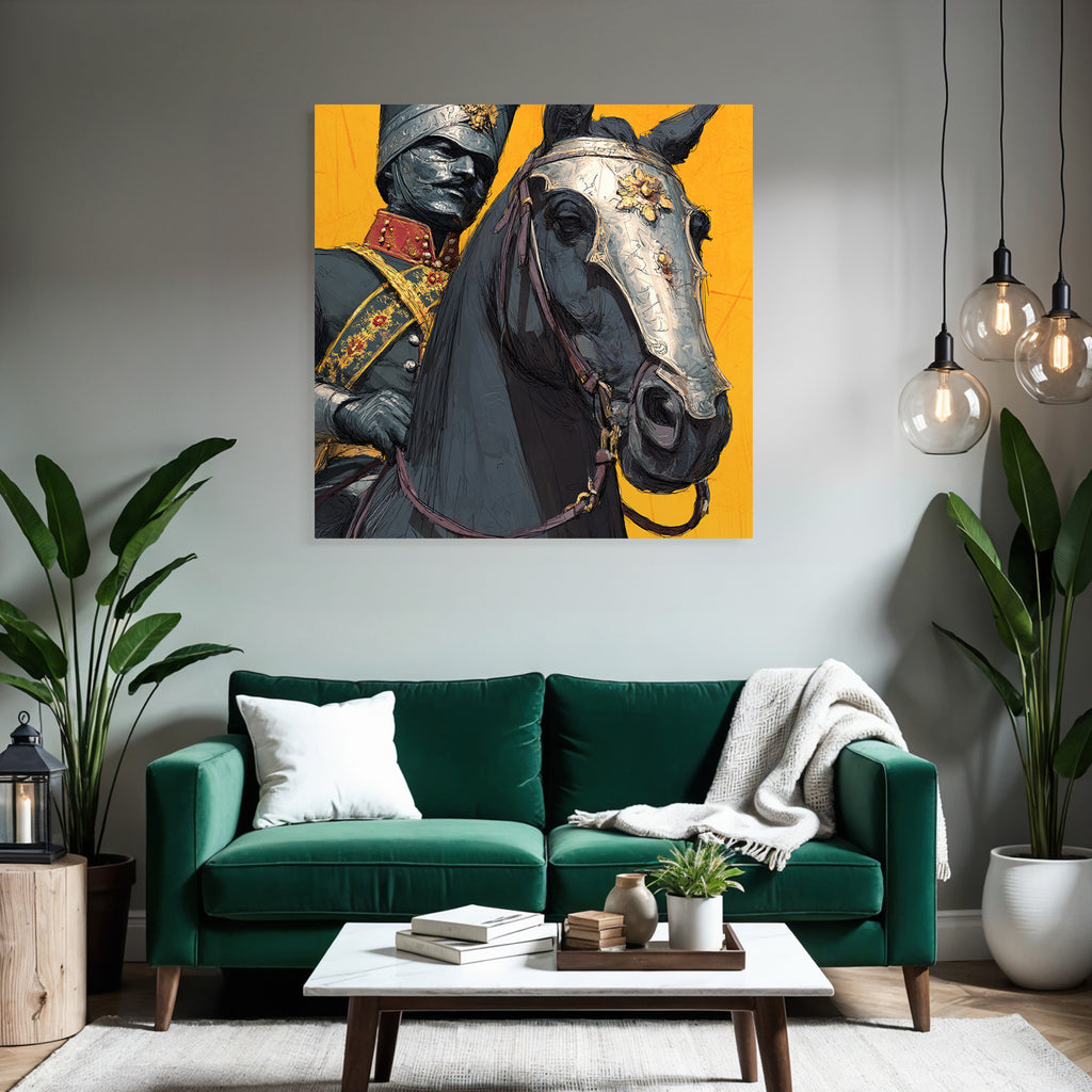 Reiter In Formeller Militaer Uniform Mit Pferd Hintergrund Gelb