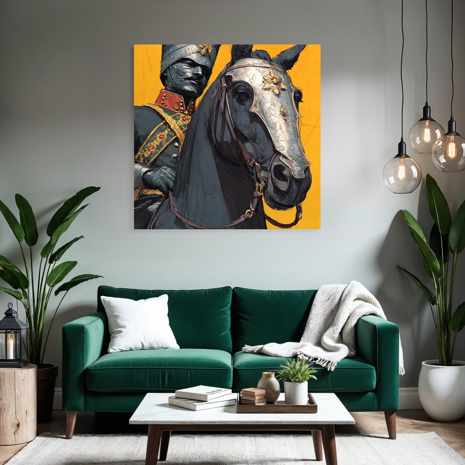 Reiter In Formeller Militaer Uniform Mit Pferd Hintergrund Gelb