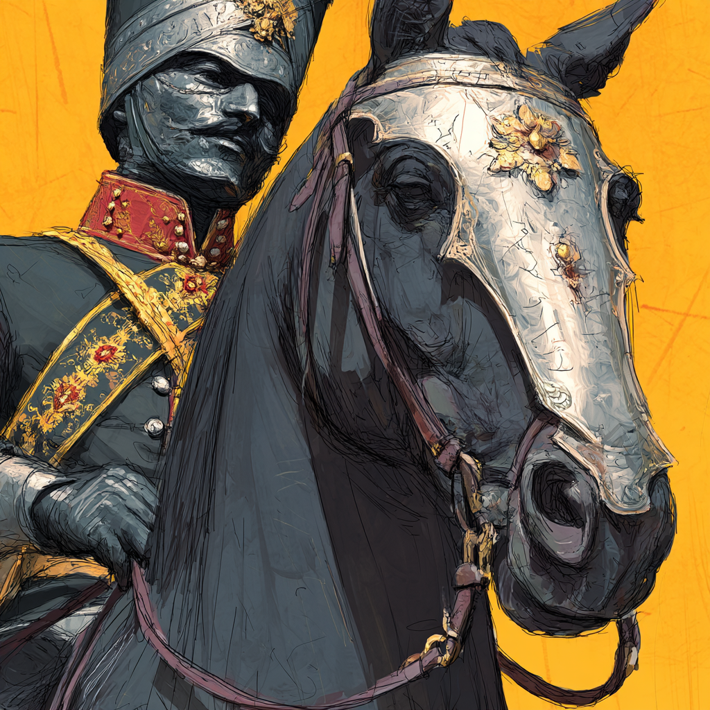 Reiter In Formeller Militaer Uniform Mit Pferd Hintergrund Gelb | Klassisch | Einrichtungsstile
