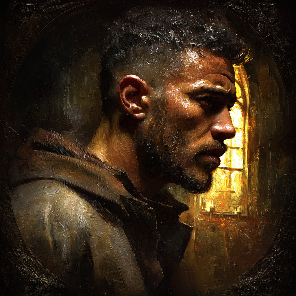 Rugged Male Portrait Hooded Garment With Warm Background Textured Style | Klassisch | Einrichtungsstile