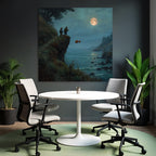 Tranquil coastal landscape with anglers and goldfish in the moonlight