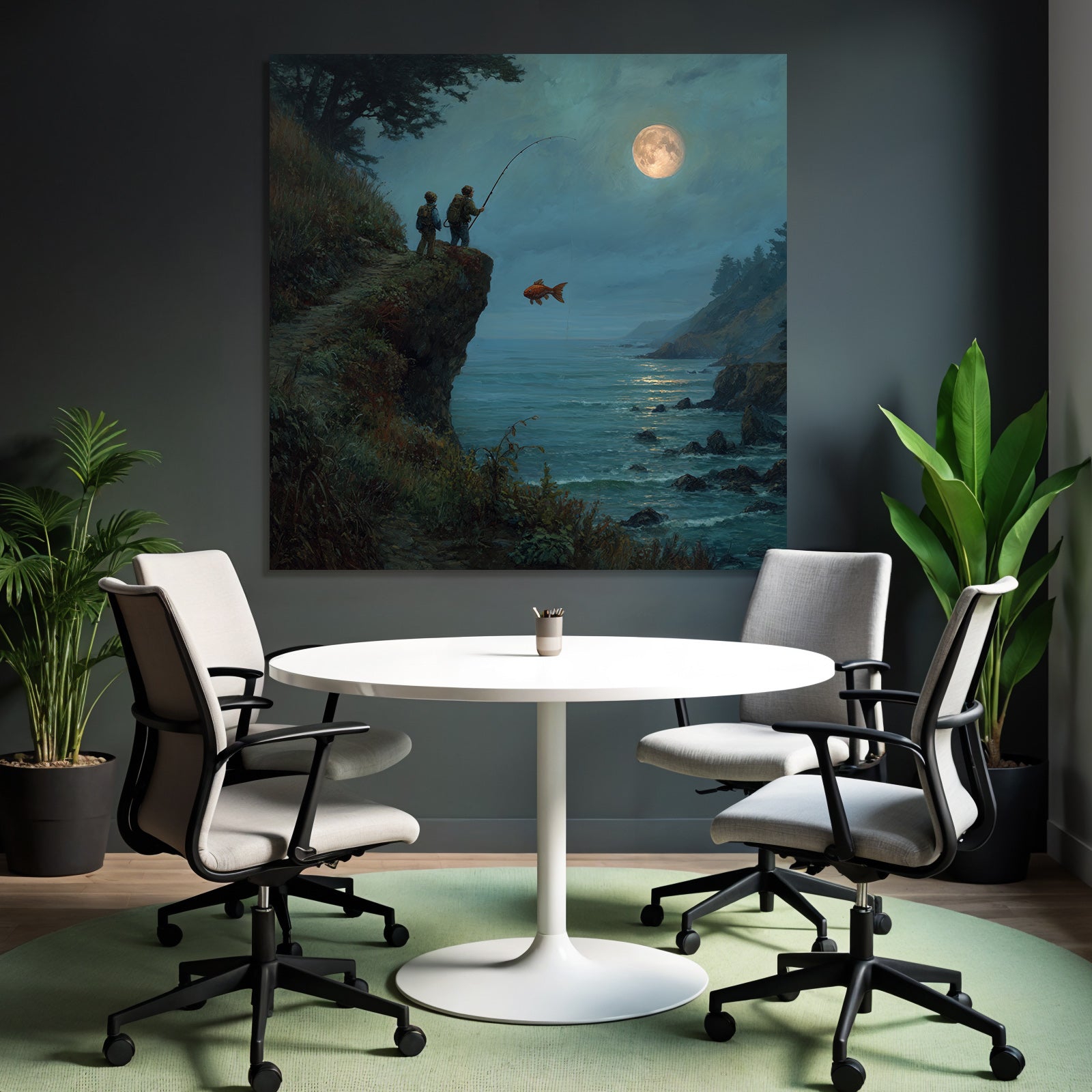 Tranquil coastal landscape with anglers and goldfish in the moonlight