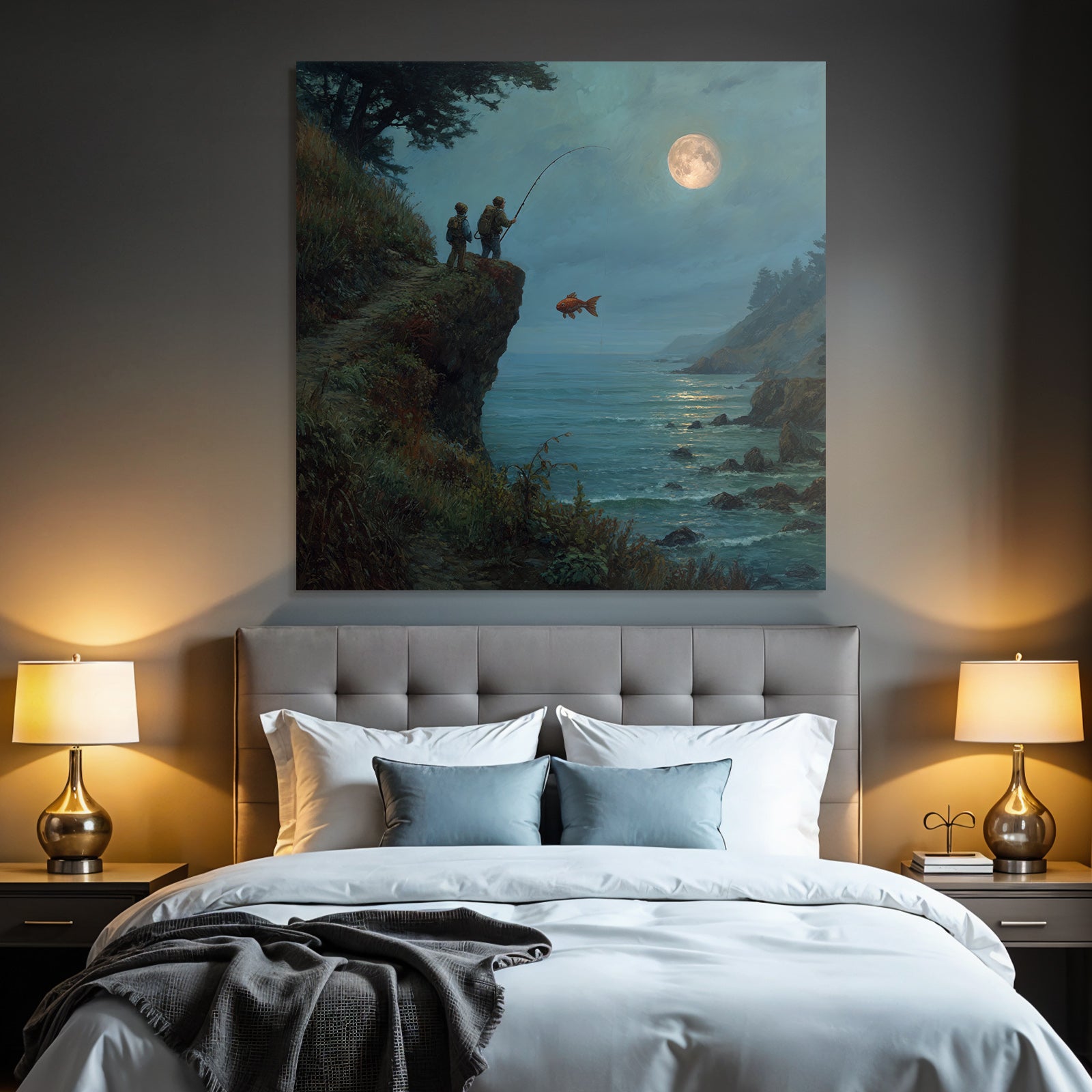 Tranquil coastal landscape with anglers and goldfish in the moonlight