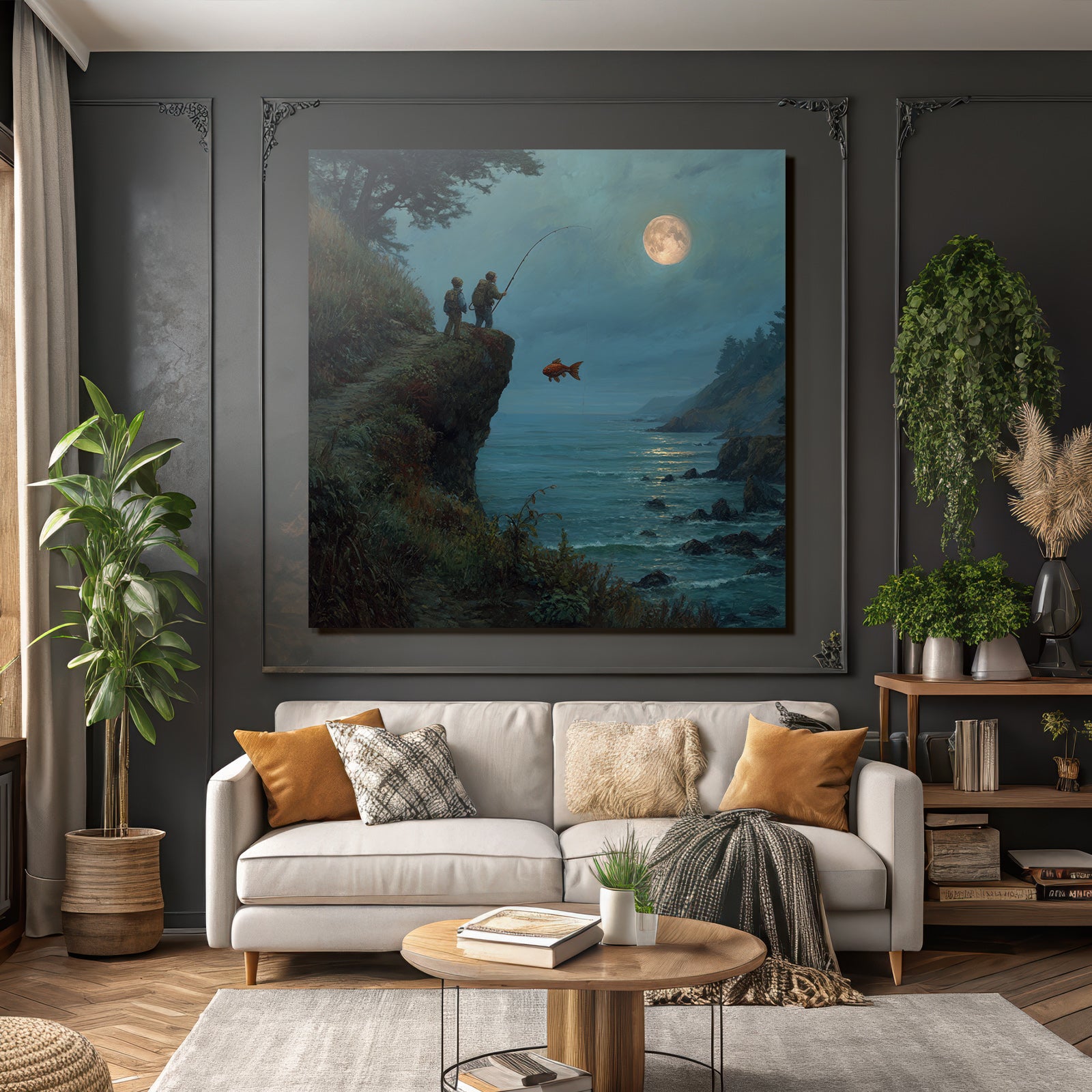 Tranquil coastal landscape with anglers and goldfish in the moonlight