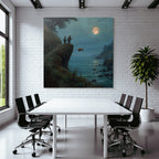 Tranquil coastal landscape with anglers and goldfish in the moonlight