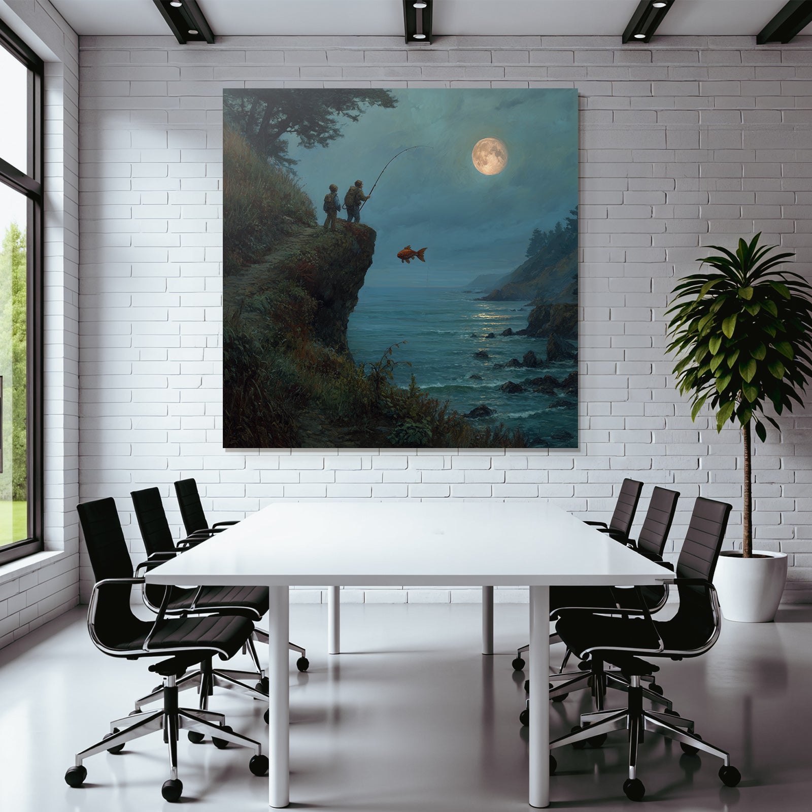 Tranquil coastal landscape with anglers and goldfish in the moonlight