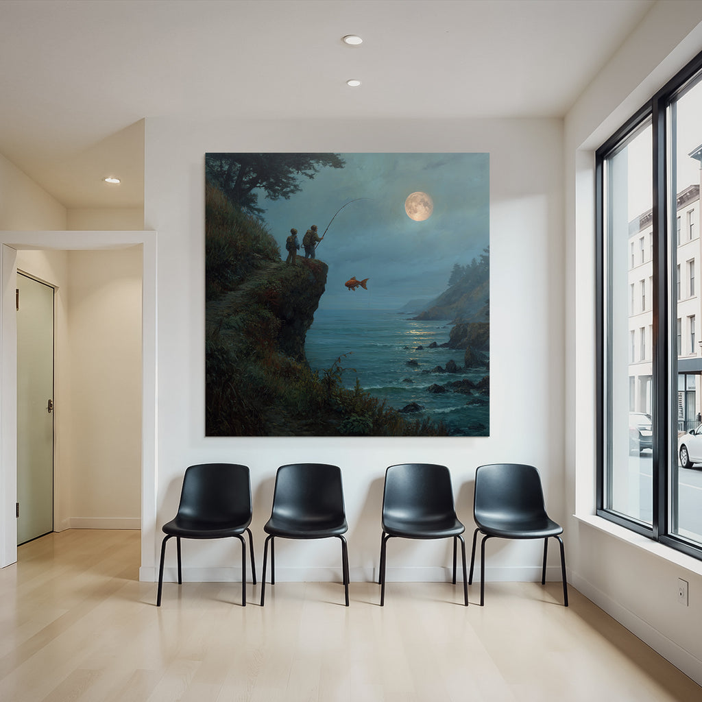 Tranquil coastal landscape with anglers and goldfish in the moonlight
