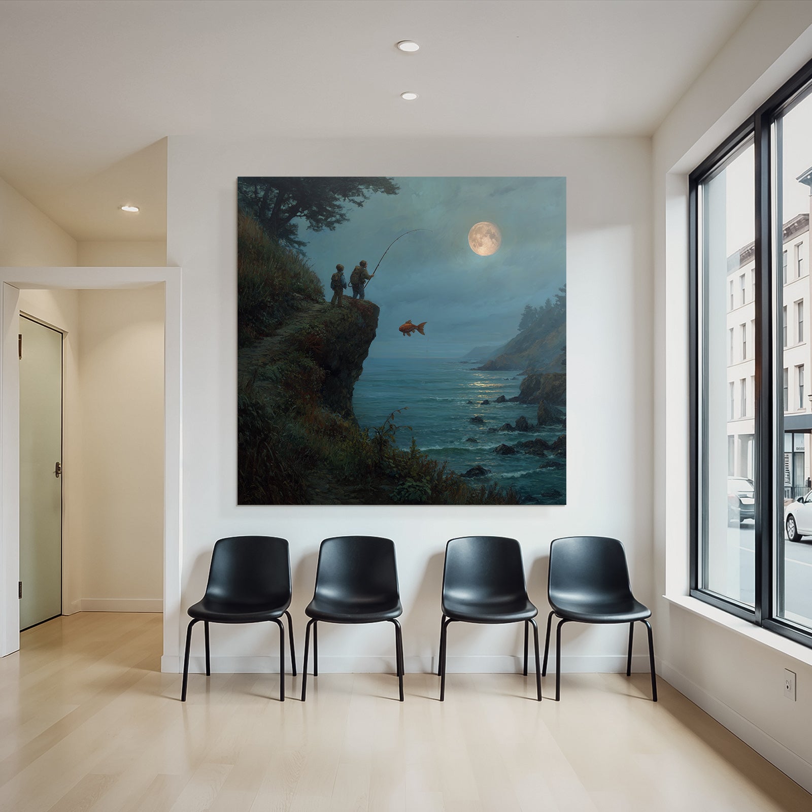 Tranquil coastal landscape with anglers and goldfish in the moonlight
