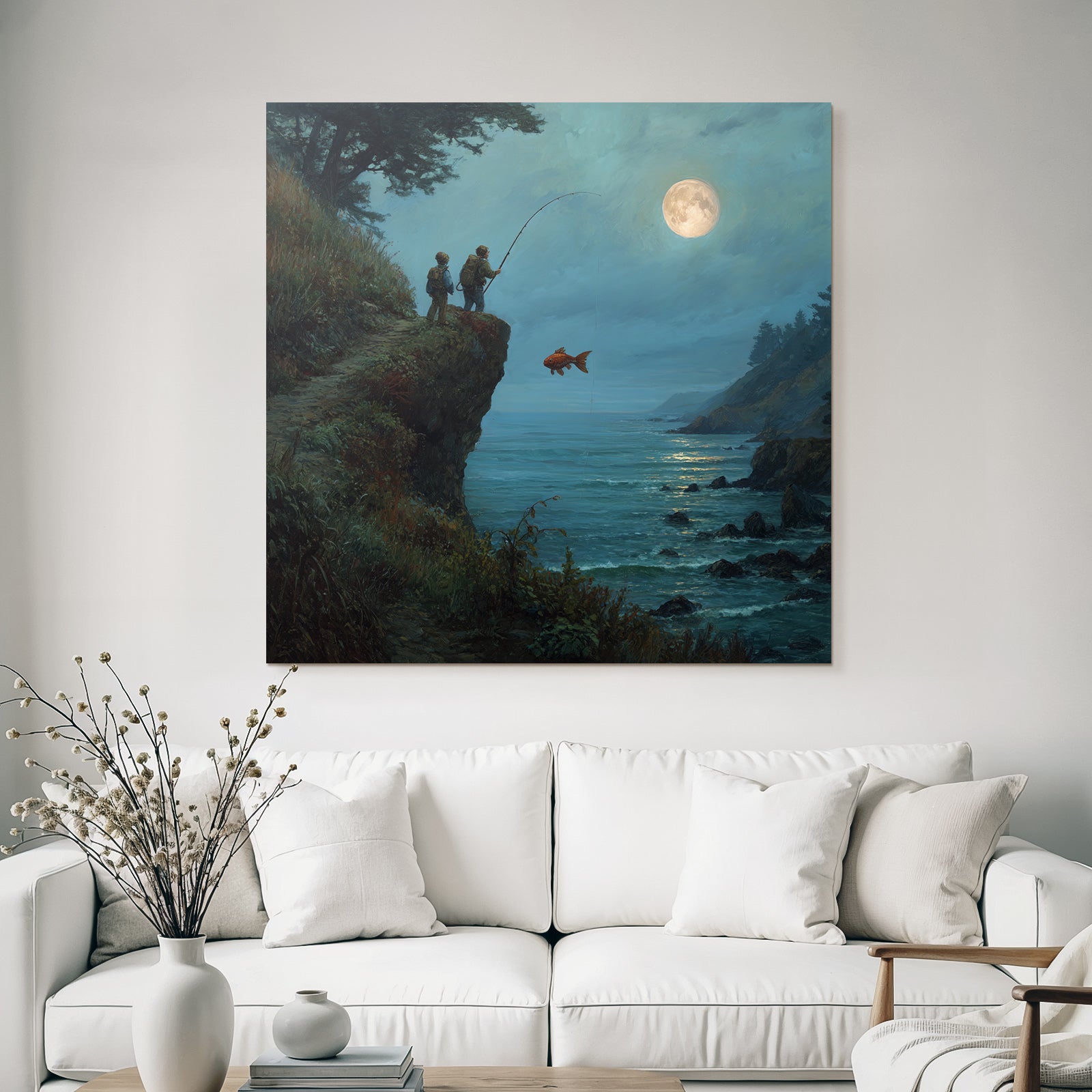 Tranquil coastal landscape with anglers and goldfish in the moonlight