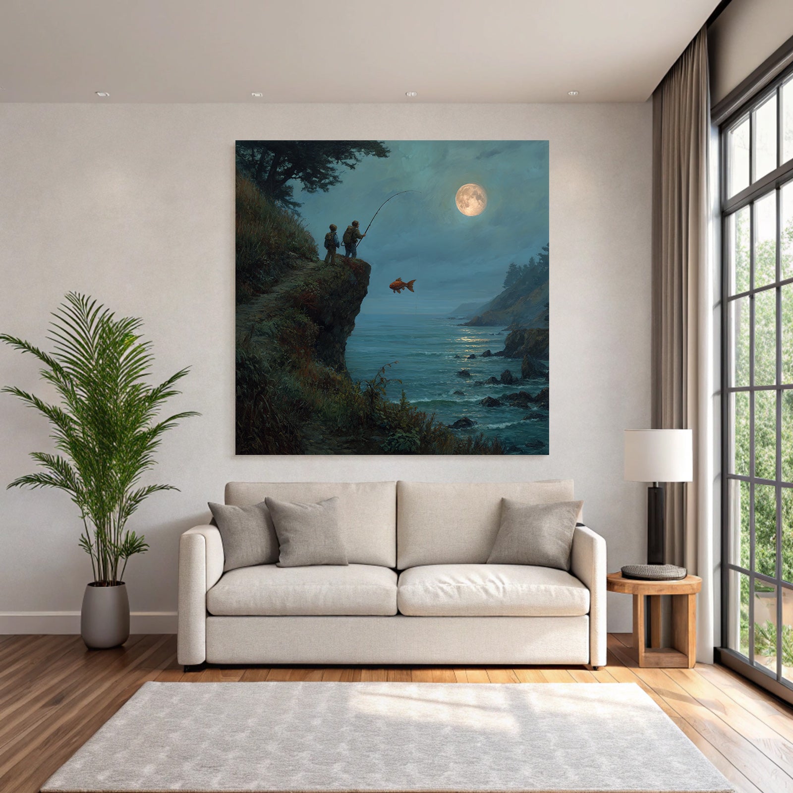 Tranquil coastal landscape with anglers and goldfish in the moonlight