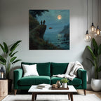 Tranquil coastal landscape with anglers and goldfish in the moonlight