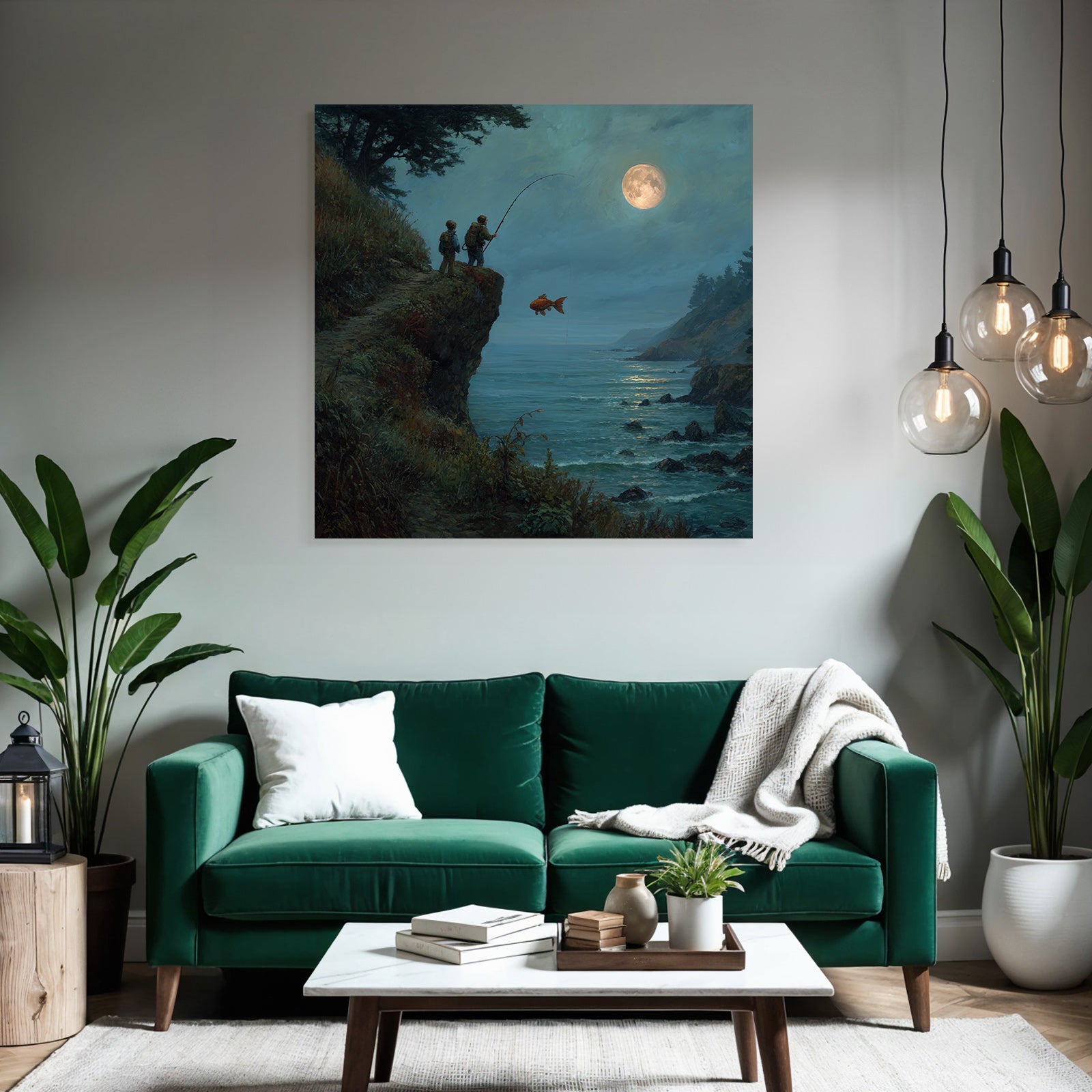 Tranquil coastal landscape with anglers and goldfish in the moonlight