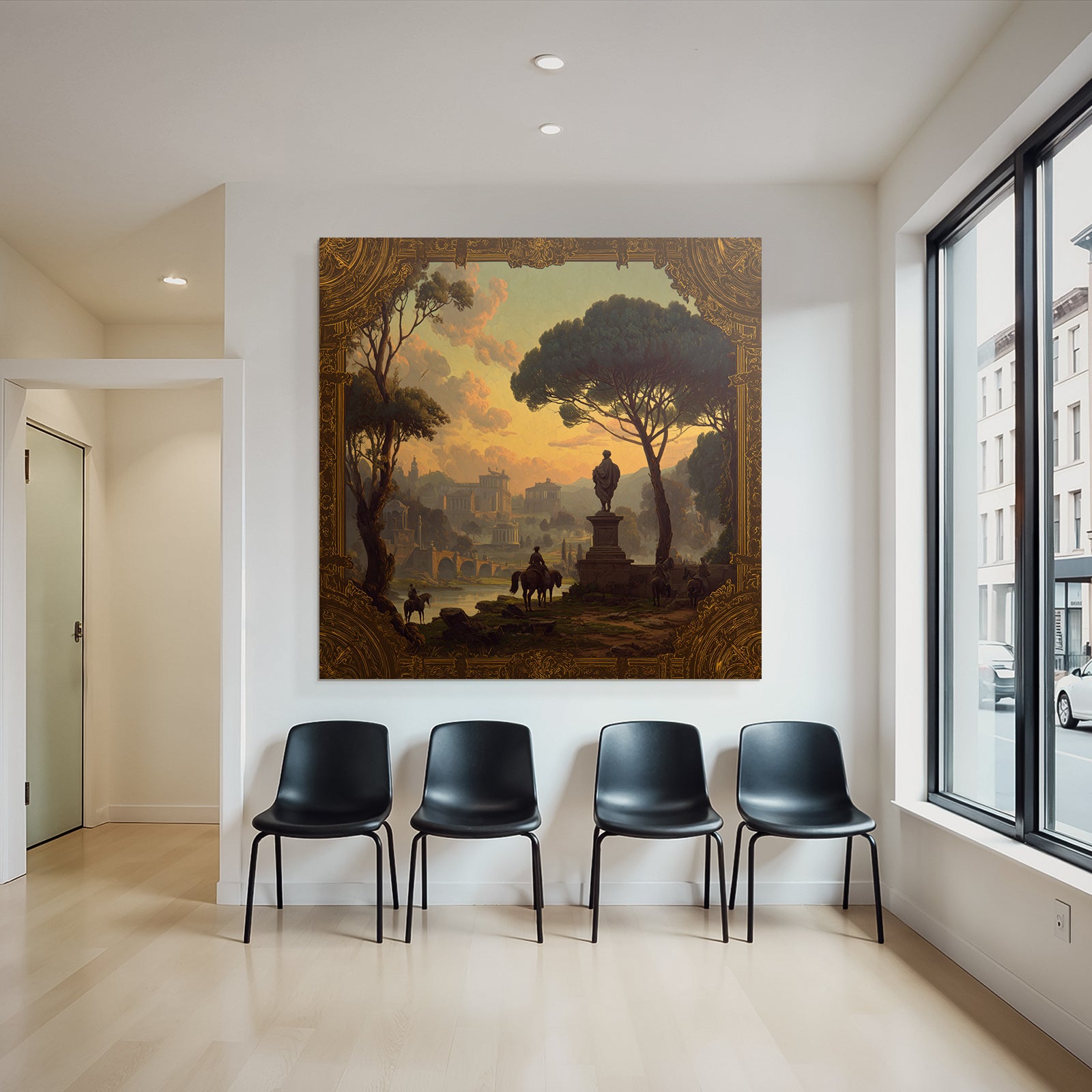Ruhige Landschaft E Architektur Reiter Im Vordergrund Sonnenuntergang