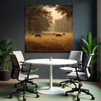 Tranquil Landscape Horses Grazing Golden Field Mansion Surrounded By Trees