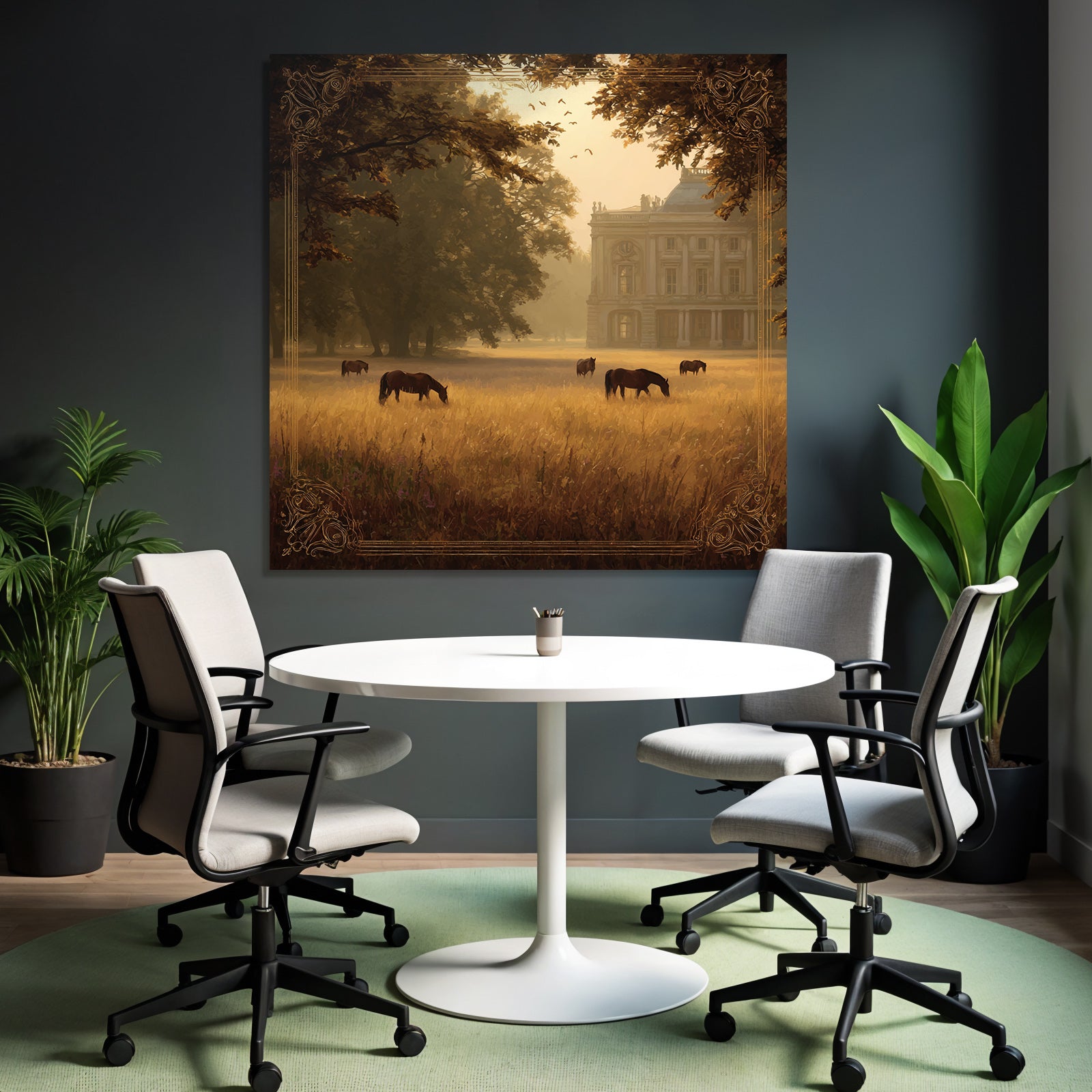 Tranquil Landscape Horses Grazing Golden Field Mansion Surrounded By Trees