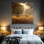 Tranquil Landscape Horses Grazing Golden Field Mansion Surrounded By Trees