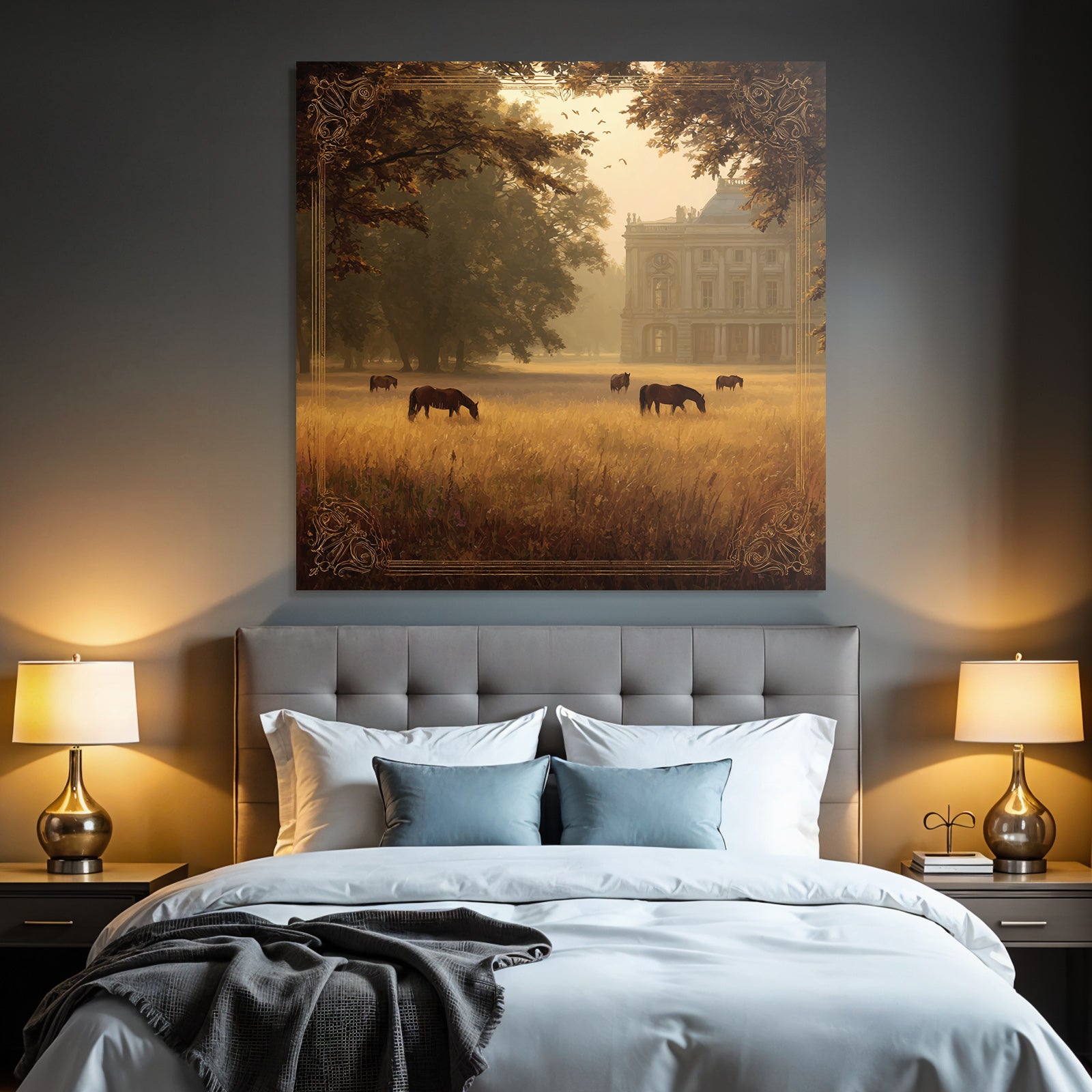 Tranquil Landscape Horses Grazing Golden Field Mansion Surrounded By Trees