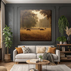 Tranquil Landscape Horses Grazing Golden Field Mansion Surrounded By Trees