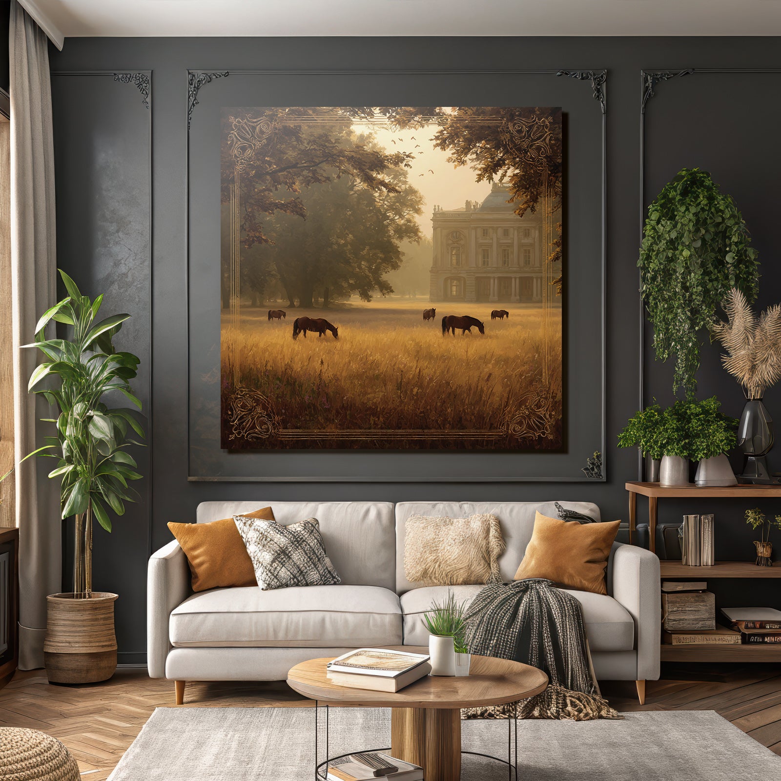 Tranquil Landscape Horses Grazing Golden Field Mansion Surrounded By Trees