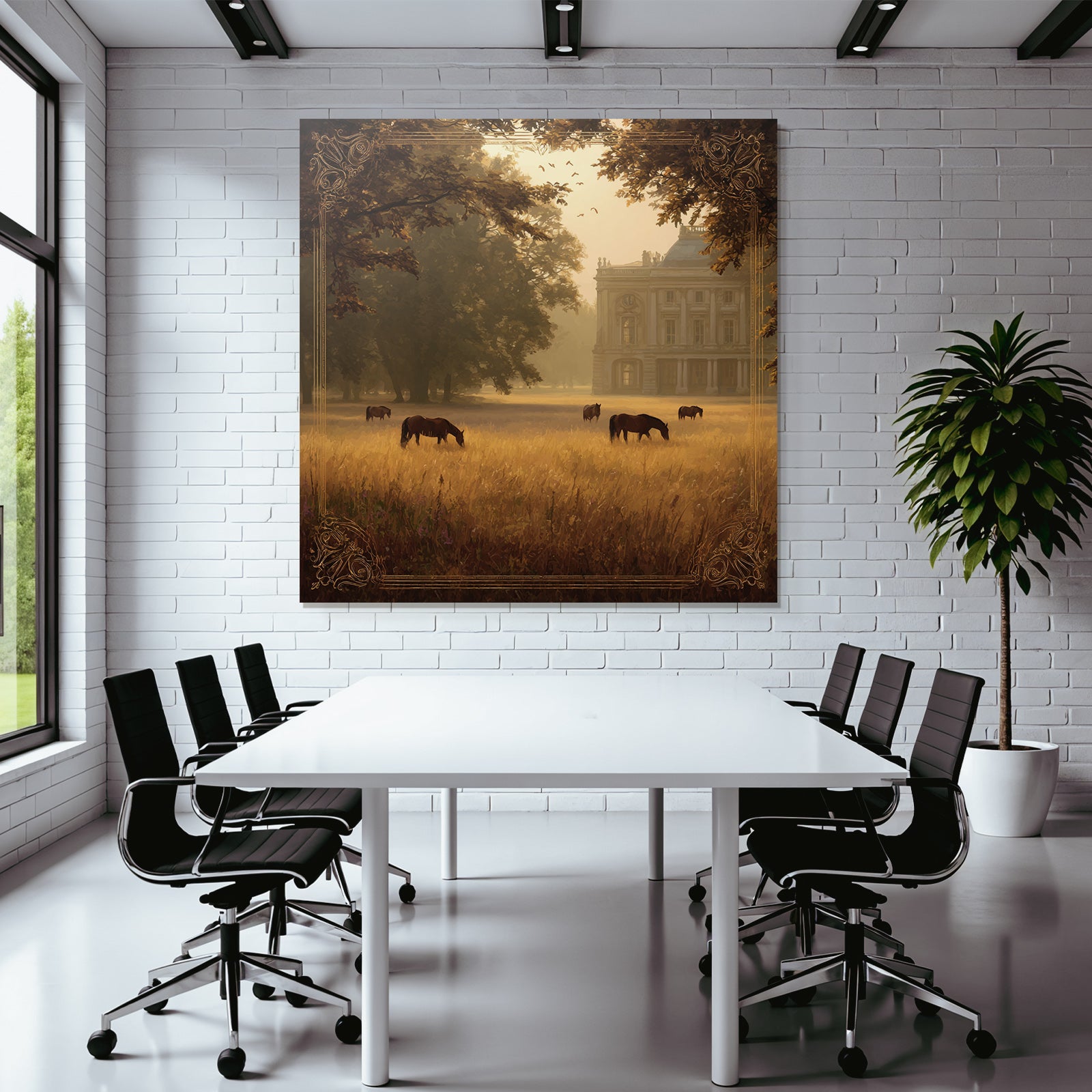 Tranquil Landscape Horses Grazing Golden Field Mansion Surrounded By Trees