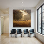 Tranquil Landscape Horses Grazing Golden Field Mansion Surrounded By Trees