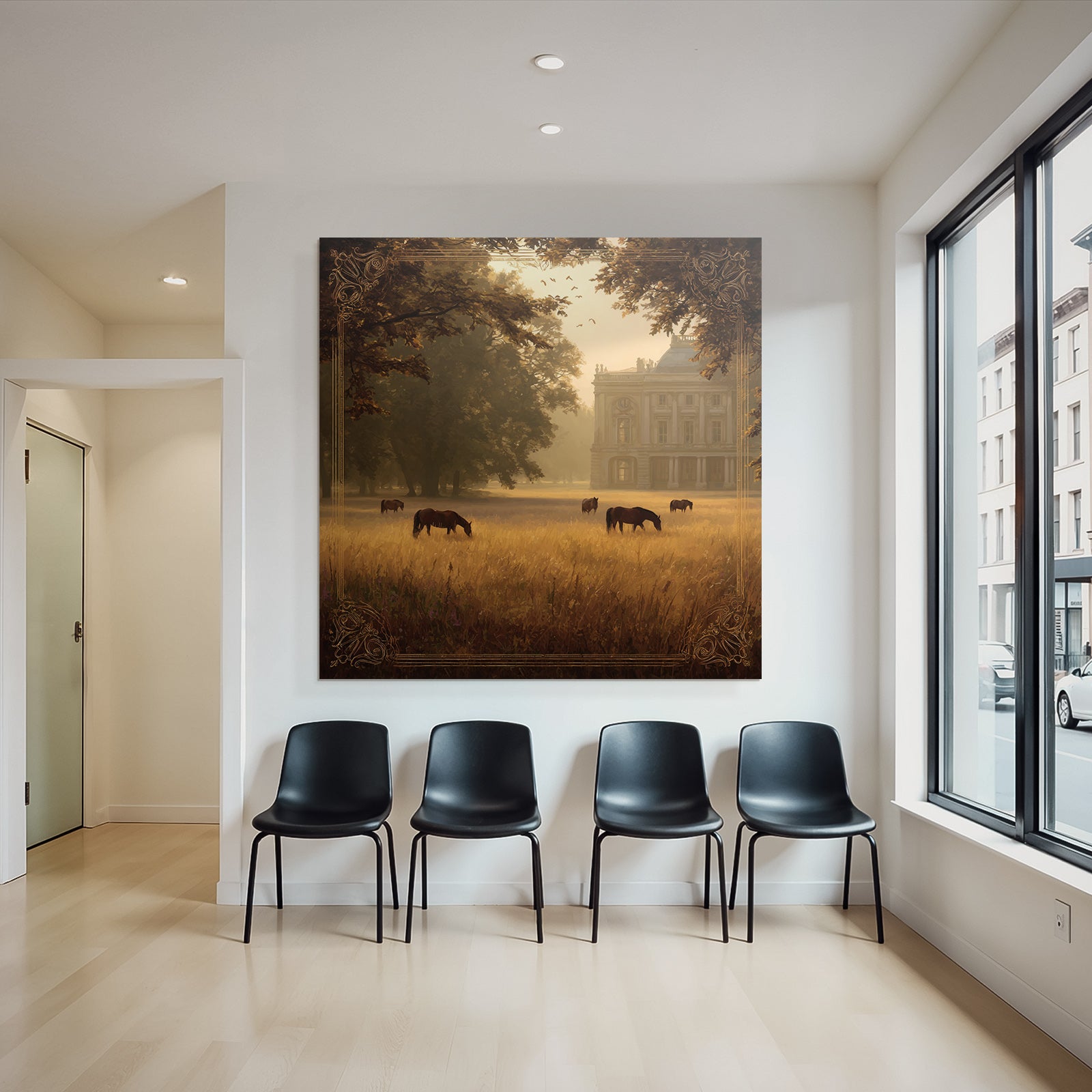 Tranquil Landscape Horses Grazing Golden Field Mansion Surrounded By Trees