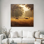 Tranquil Landscape Horses Grazing Golden Field Mansion Surrounded By Trees