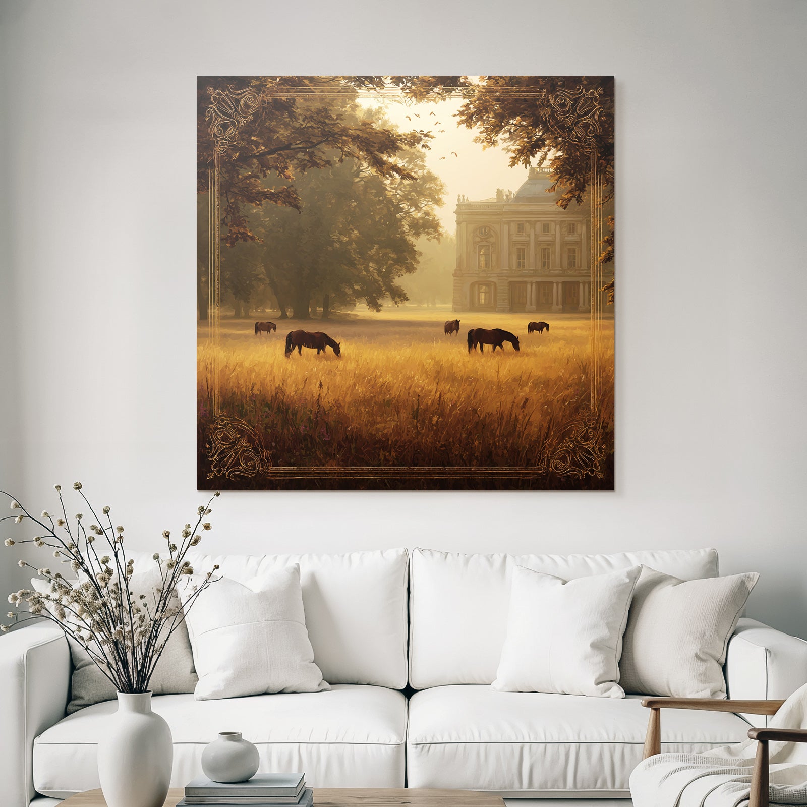 Tranquil Landscape Horses Grazing Golden Field Mansion Surrounded By Trees