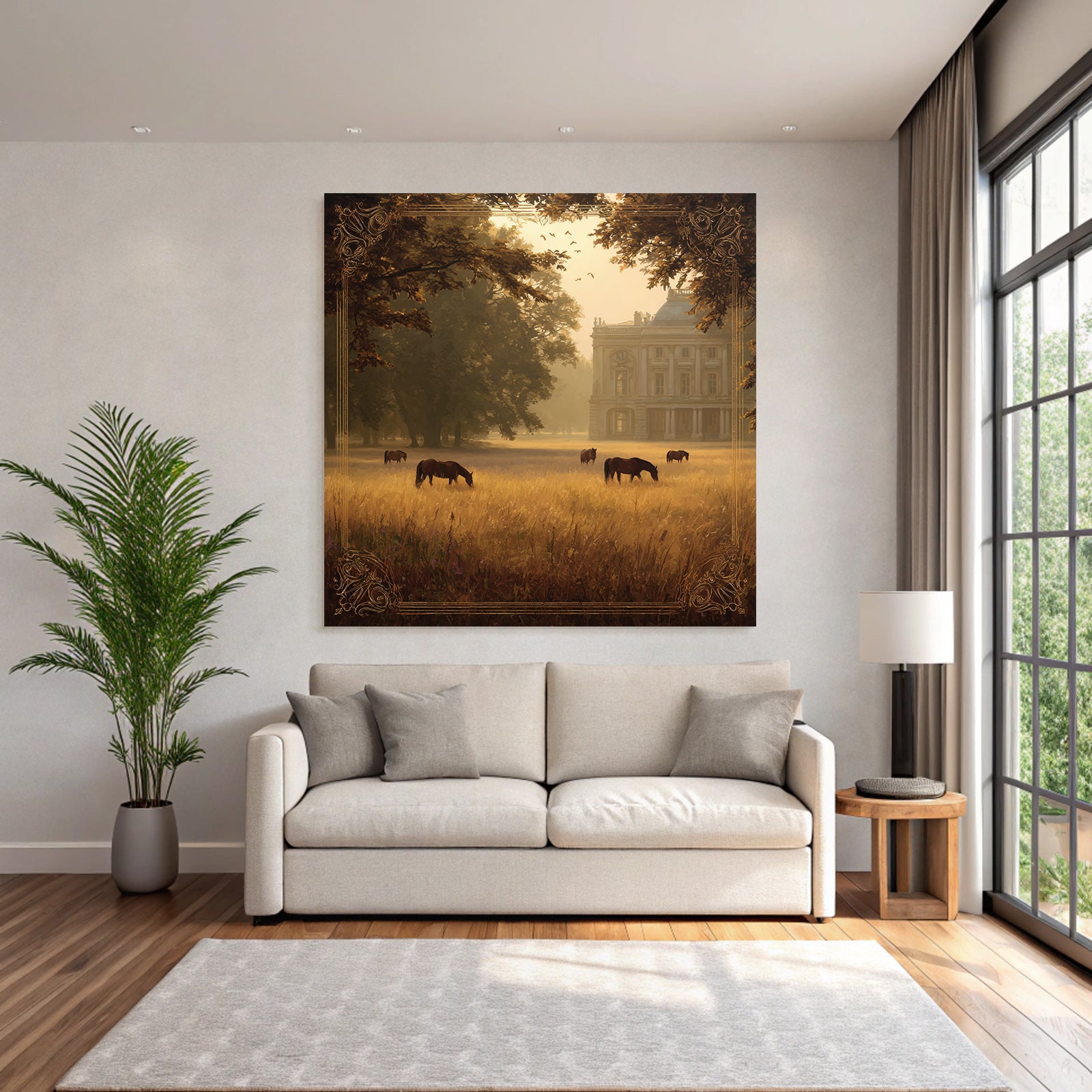 Tranquil Landscape Horses Grazing Golden Field Mansion Surrounded By Trees