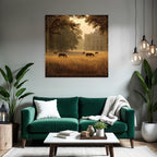 Tranquil Landscape Horses Grazing Golden Field Mansion Surrounded By Trees