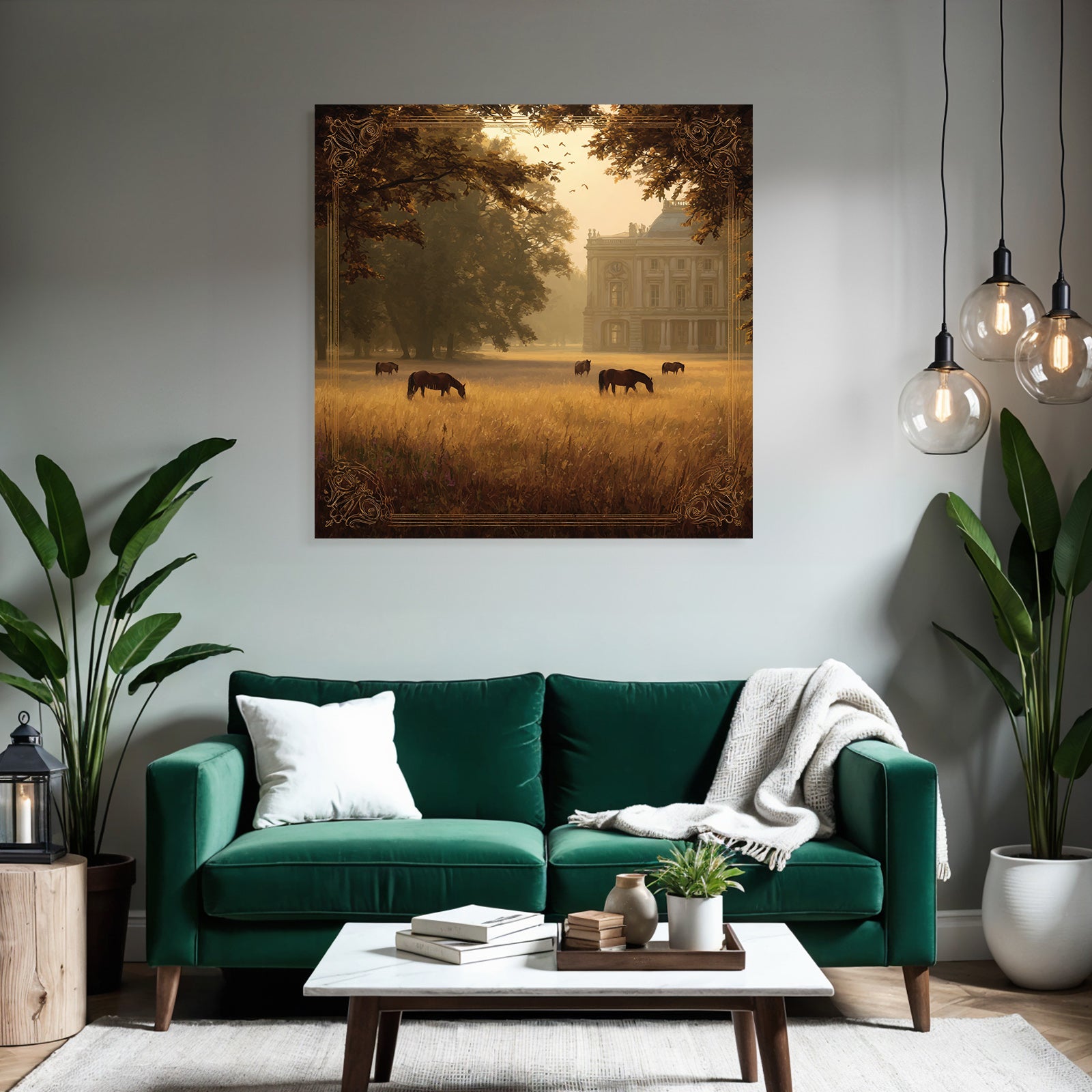 Tranquil Landscape Horses Grazing Golden Field Mansion Surrounded By Trees