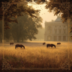 Ruhige Landschaft Pferde Grazing Goldenes Feld Mansion Umgeben Von Baeumen | Klassisch | Einrichtungsstile