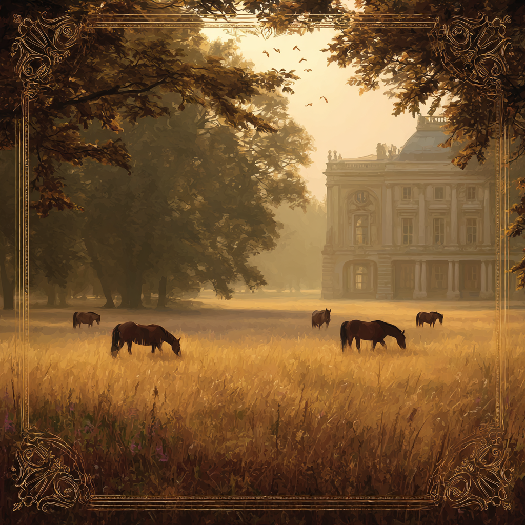 Ruhige Landschaft Pferde Grazing Goldenes Feld Mansion Umgeben Von Baeumen | Klassisch | Einrichtungsstile