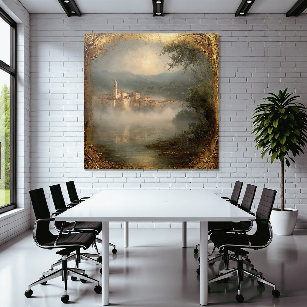 Ruhiges Dorf Am Fluss Mit Nebel Und Glockenturm