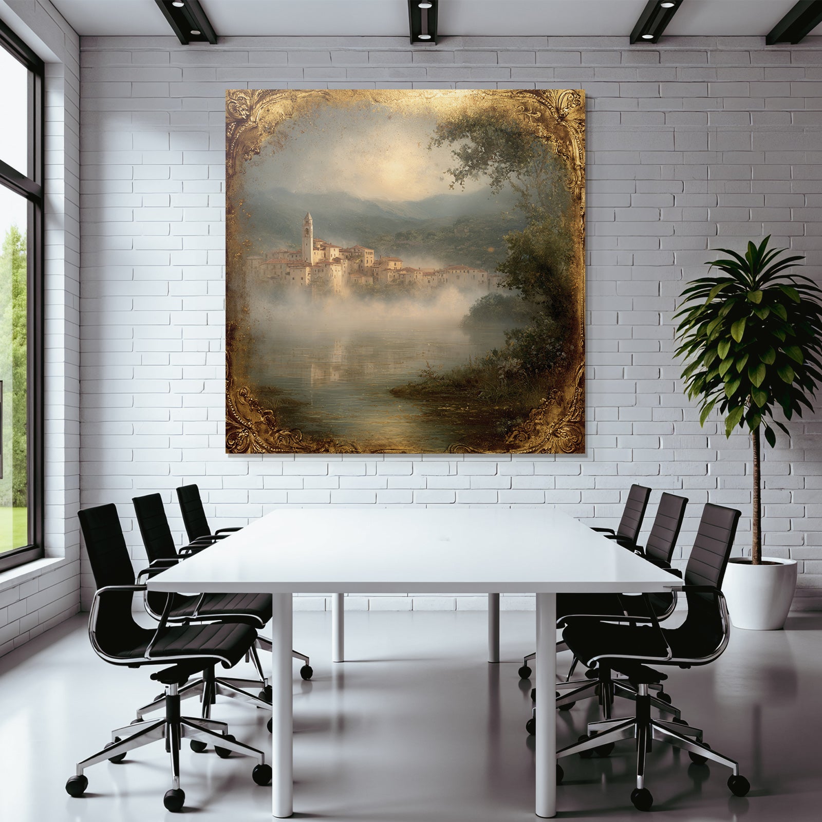 Ruhiges Dorf Am Fluss Mit Nebel Und Glockenturm