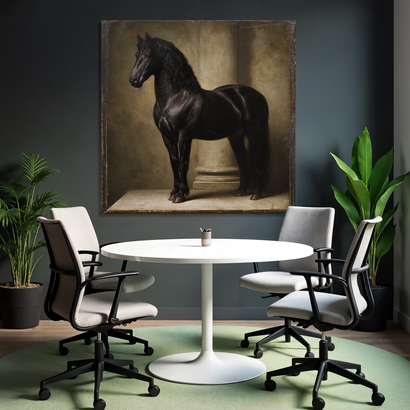 Black Horse Next to Column Artful Representation